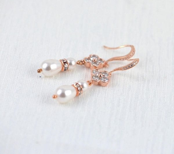 Bridal Rose Gold Pearl Earrings - Wedding, Cubic zirconia, Flower Dangle, Swarovski Pearl 5