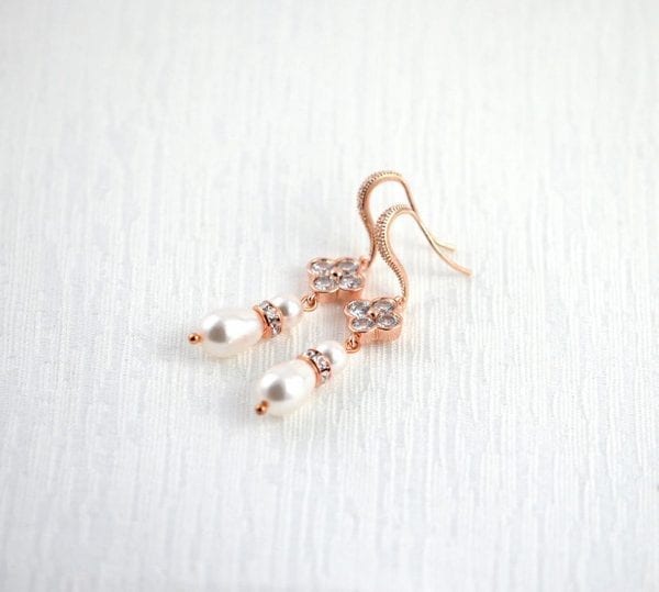 Bridal Rose Gold Pearl Earrings - Wedding, Cubic zirconia, Flower Dangle, Swarovski Pearl 56