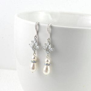 Silver Drop Bridal Pearl Earrings - Wedding, Cubic zirconia, Swarovski White Pearl 36