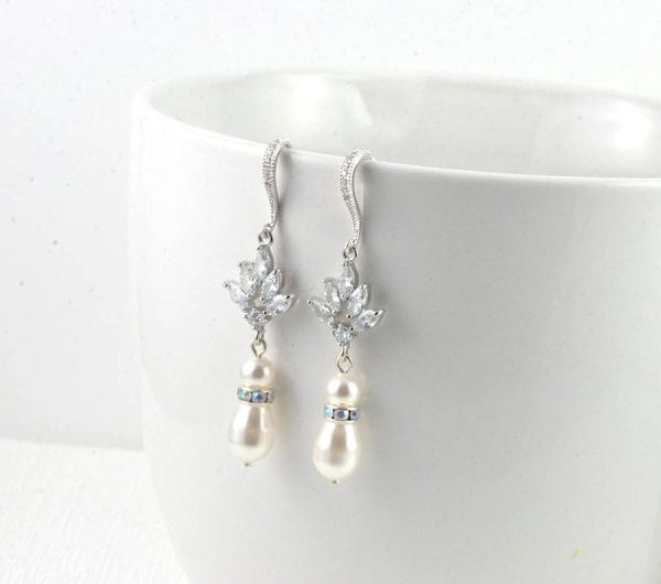 Silver Drop Bridal Pearl Earrings - Wedding, Cubic zirconia, Swarovski White Pearl 1