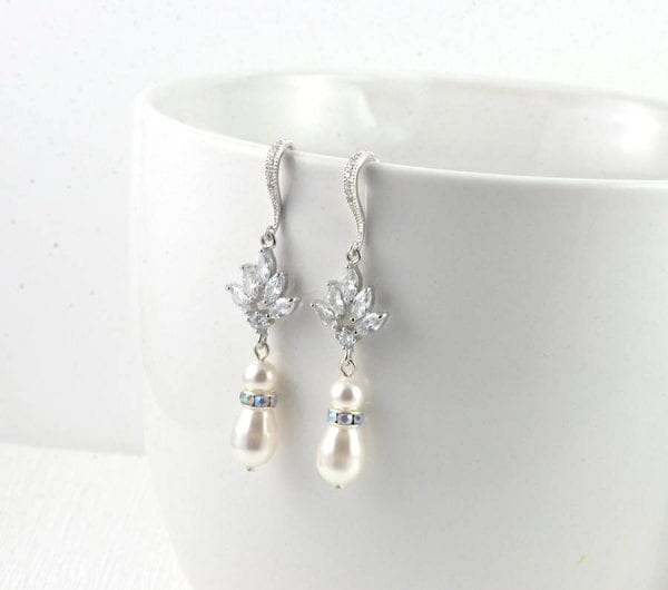 Silver Drop Bridal Pearl Earrings - Wedding, Cubic zirconia, Swarovski White Pearl