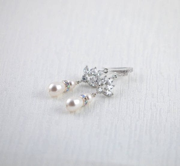Silver Drop Bridal Pearl Earrings - Wedding, Cubic zirconia, Swarovski White Pearl 2
