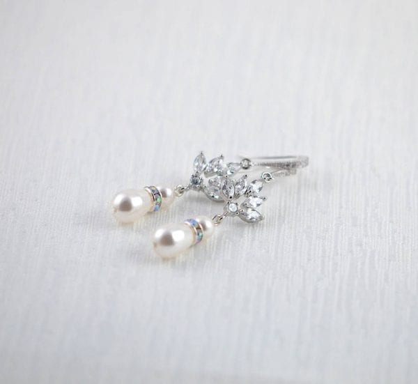 Silver Drop Bridal Pearl Earrings - Wedding, Cubic zirconia, Swarovski White Pearl - Image 2