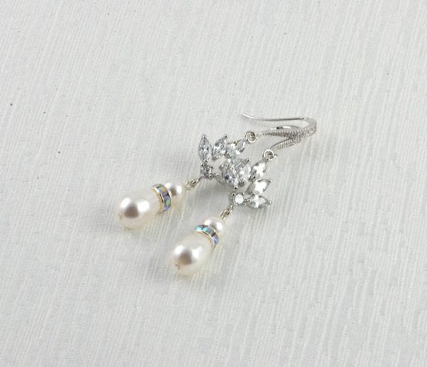 Silver Drop Bridal Pearl Earrings - Wedding, Cubic zirconia, Swarovski White Pearl 53