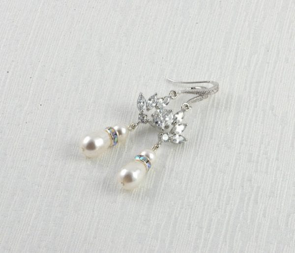 Silver Drop Bridal Pearl Earrings - Wedding, Cubic zirconia, Swarovski White Pearl - Image 3