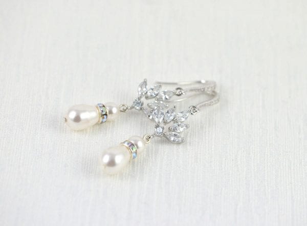 Silver Drop Bridal Pearl Earrings - Wedding, Cubic zirconia, Swarovski White Pearl 5