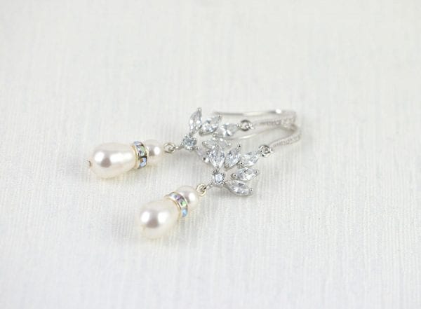 Silver Drop Bridal Pearl Earrings - Wedding, Cubic zirconia, Swarovski White Pearl - Image 5
