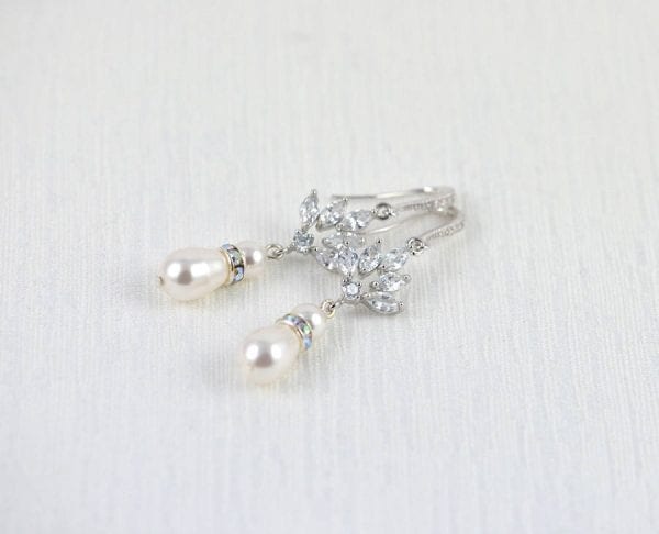 Silver Drop Bridal Pearl Earrings - Wedding, Cubic zirconia, Swarovski White Pearl 56