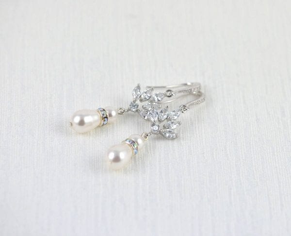 Silver Drop Bridal Pearl Earrings - Wedding, Cubic zirconia, Swarovski White Pearl - Image 6