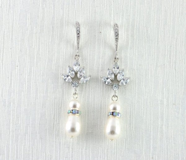 Silver Drop Bridal Pearl Earrings - Wedding, Cubic zirconia, Swarovski White Pearl 57
