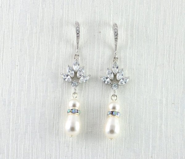 Silver Drop Bridal Pearl Earrings - Wedding, Cubic zirconia, Swarovski White Pearl - Image 7