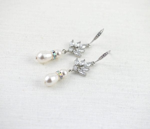 Silver Drop Bridal Pearl Earrings - Wedding, Cubic zirconia, Swarovski White Pearl 58