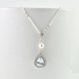 Silver Cubic Zirconia Pearl Necklace - Bridal, Drop Pearl, Wedding, Bridesmaids 55