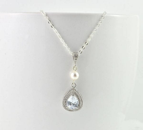 Silver Cubic Zirconia Pearl Necklace - Bridal, Drop Pearl, Wedding, Bridesmaids 51