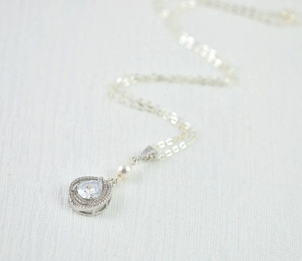 Silver Cubic Zirconia Pearl Necklace - Bridal, Drop Pearl, Wedding, Bridesmaids 52