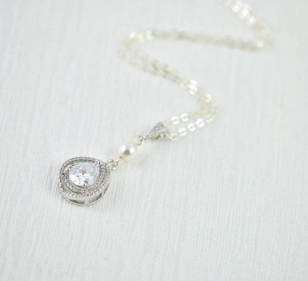 Silver Cubic Zirconia Pearl Necklace - Bridal, Drop Pearl, Wedding, Bridesmaids 53