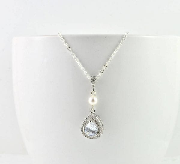 Silver Cubic Zirconia Pearl Necklace - Bridal, Drop Pearl, Wedding, Bridesmaids 4