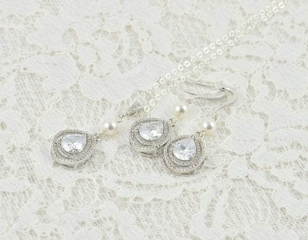 Silver Cubic Zirconia Pearl Necklace - Bridal, Drop Pearl, Wedding, Bridesmaids 5