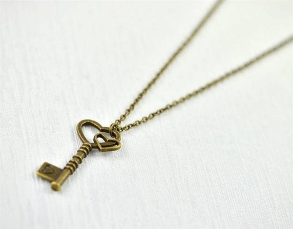 Bronze Key Heart Necklace - Charm Pendant, Bronze, Simple 51
