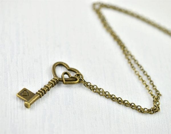 Bronze Key Heart Necklace - Charm Pendant, Bronze, Simple 52