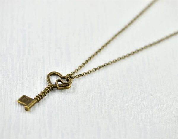Bronze Key Heart Necklace - Charm Pendant, Bronze, Simple 3