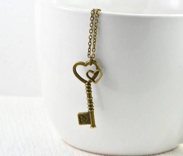 Bronze Key Heart Necklace - Charm Pendant, Bronze, Simple 4