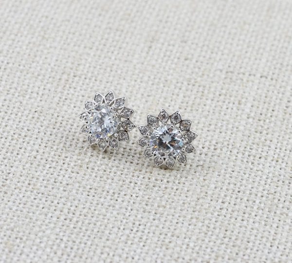 Cubic Zirconia Stud Earrings - Silver, Bridal, Crystal, Flower Studs Earrings 1