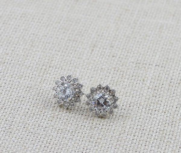 Cubic Zirconia Stud Earrings - Silver, Bridal, Crystal, Flower Studs Earrings 52