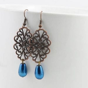 Dark Blue Filigree Copper Earrings - Drop Earrings, Light Weight, Antique Copper 17