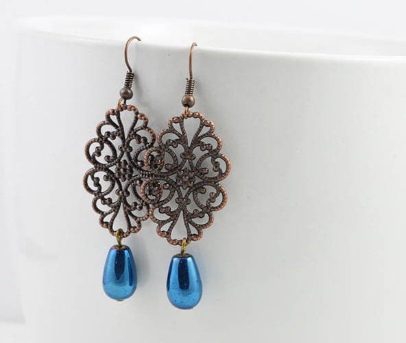 Dark Blue Filigree Copper Earrings - Drop Earrings, Light Weight, Antique Copper 1