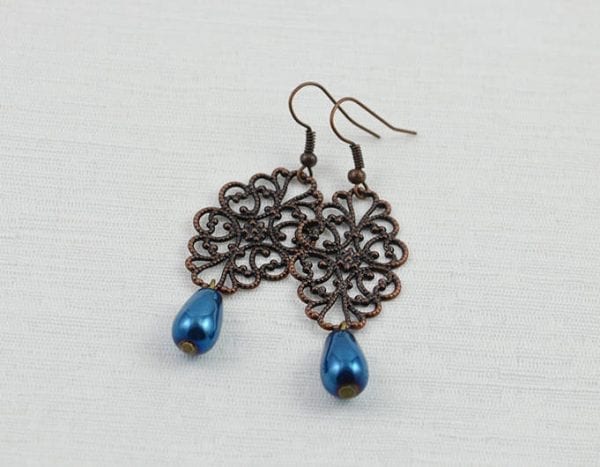 Dark Blue Filigree Copper Earrings - Drop Earrings, Light Weight, Antique Copper 52