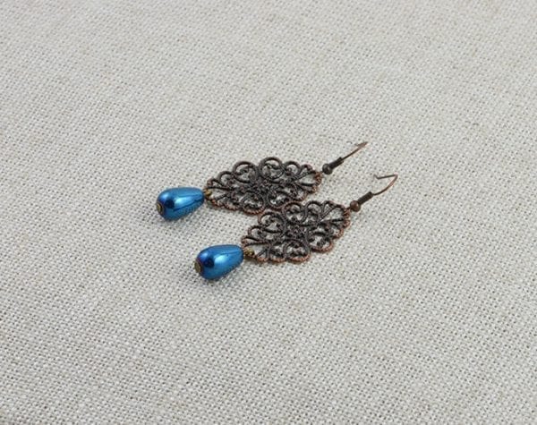 Dark Blue Filigree Copper Earrings - Drop Earrings, Light Weight, Antique Copper 53
