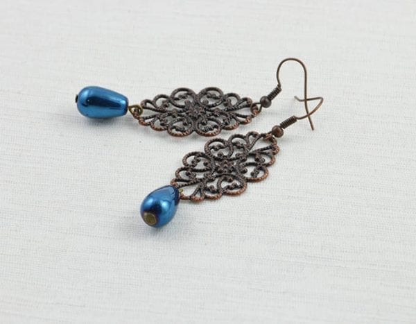 Dark Blue Filigree Copper Earrings - Drop Earrings, Light Weight, Antique Copper 54