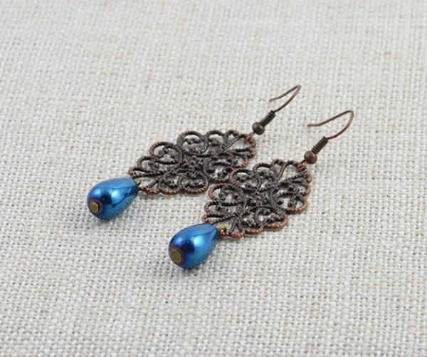 Dark Blue Filigree Copper Earrings - Drop Earrings, Light Weight, Antique Copper 55