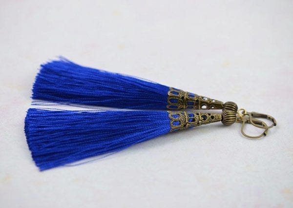 Dark Blue Long Tassel Earrings - Bronze, Bohemian