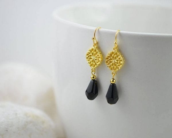 Elegant Black and Gold Filigree Earrings - Chandelier, Bridesmaids, Drop 53