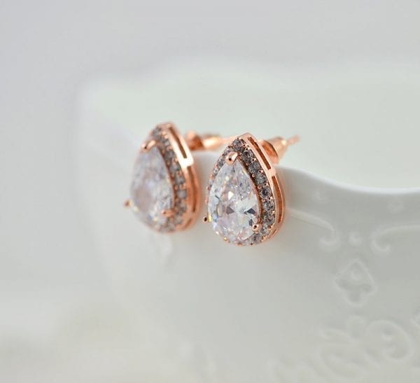 Rose Gold Stud Earrings - Drop, Bridal, Cubic Zirconia 1