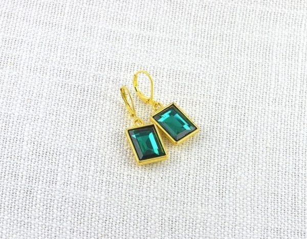 Emerald Rectangle Earrings - Bridesmaids, Dangle, Gold Vintage 3