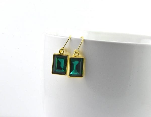Emerald Rectangle Earrings - Bridesmaids, Dangle, Gold Vintage 4