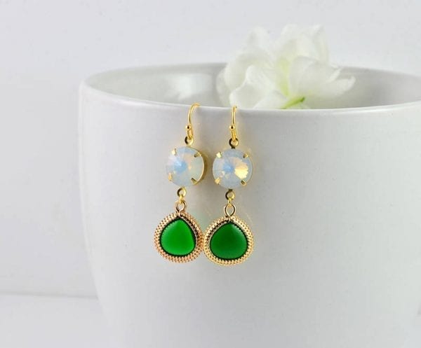 White Opal Emerald Gold Earrings - Wedding, Bridesmaids, Drop Earrings, Vintage 51
