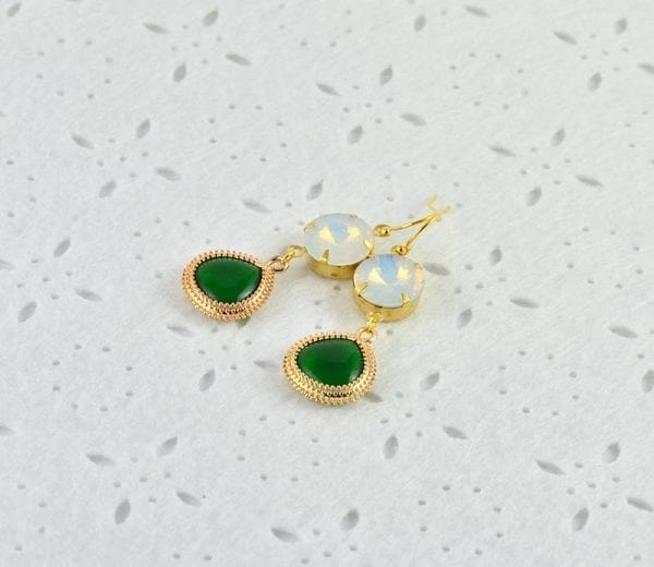 White Opal Emerald Gold Earrings - Wedding, Bridesmaids, Drop Earrings, Vintage 52
