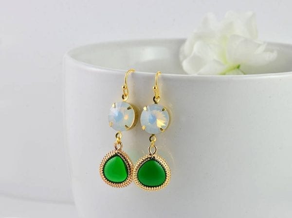 White Opal Emerald Gold Earrings - Wedding, Bridesmaids, Drop Earrings, Vintage 54