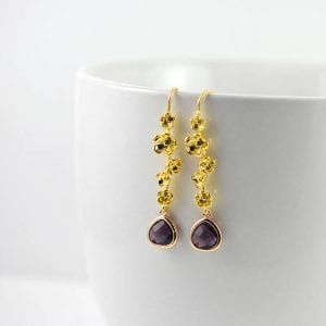 Gold Amethyst Flower Dangle Earrings - Everyday, Bridesmaids 17