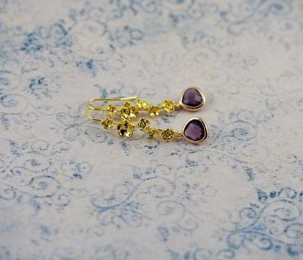 Gold Amethyst Flower Dangle Earrings - Everyday, Bridesmaids 52