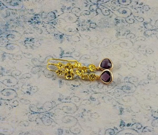 Gold Amethyst Flower Dangle Earrings - Everyday, Bridesmaids 54