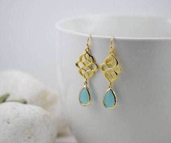 Turquoise Gold Chandelier Earrings - Filigree, Green, Drop, Bridesmaid