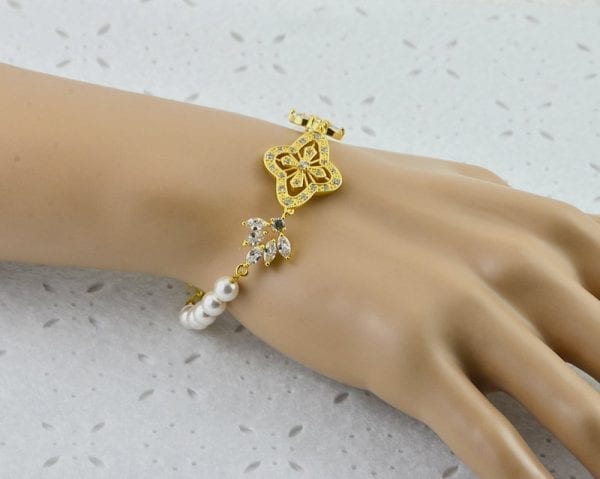Gold Bridal Wedding Pearl Bracelet - Cubic Zirconia, Swarovski, 51