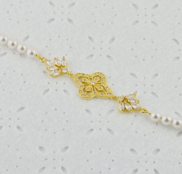Gold Bridal Wedding Pearl Bracelet - Cubic Zirconia, Swarovski, 52