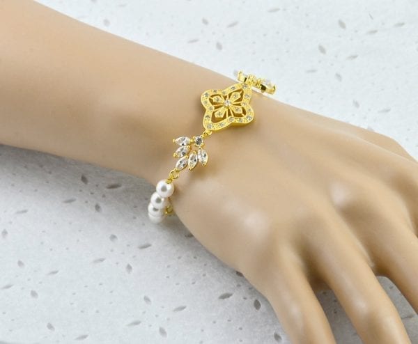 Gold Bridal Wedding Pearl Bracelet - Cubic Zirconia, Swarovski, 53