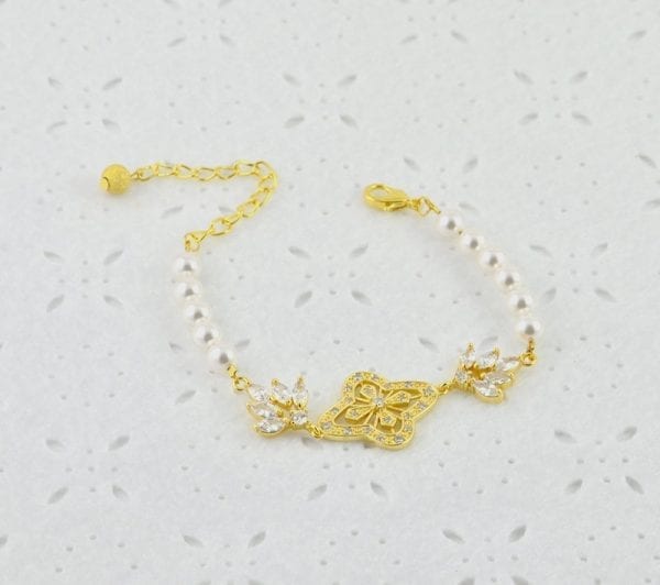Gold Bridal Wedding Pearl Bracelet - Cubic Zirconia, Swarovski, 55